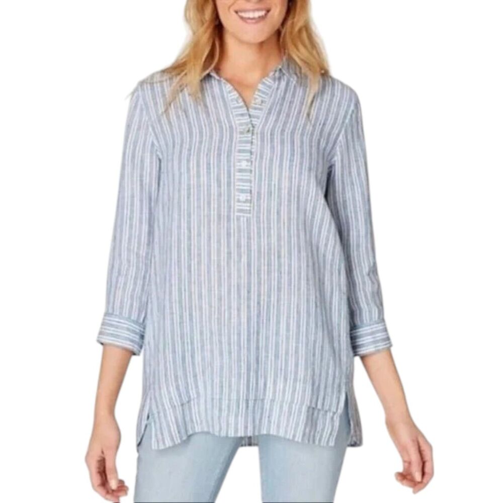 J.Jill Love Linen Striped Popover Tunic Petite Medium Blue
